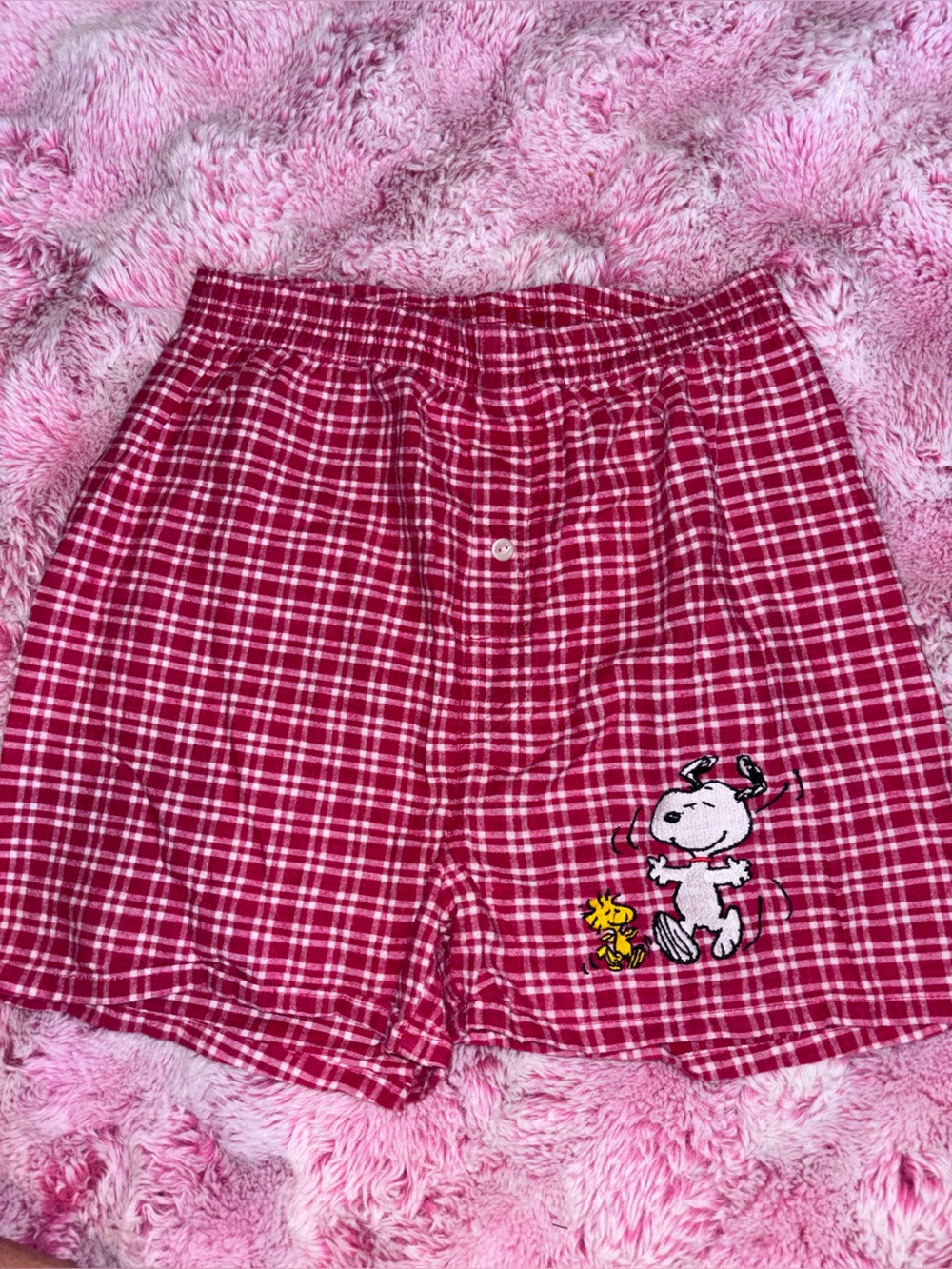 Vintage Peanuts Red and White Plaid Pajama Shorts with Snoopy & Woodstock Patch